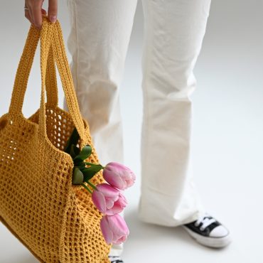 Handmade Cotton Knitted Tote Bag: Yellow Crochet Shoulder Bag