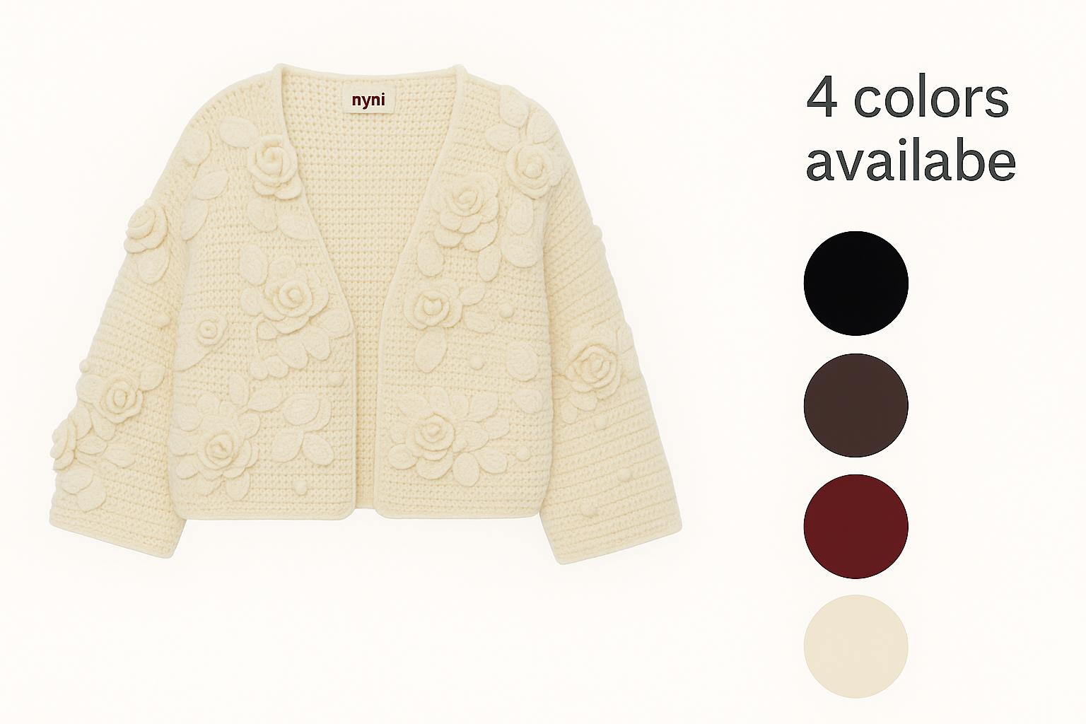 Handknit Cotton Cardigan: White V-neck Jacket With Embroidered Flowers
