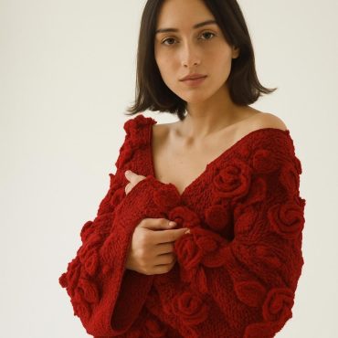 Hand-knitted Red Cotton Cardigan: Lightweight Boho Layering Jacket