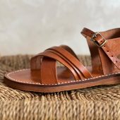 Handmade Moroccan Brown Leather Sandals – Cross Strap Flat Slides Women